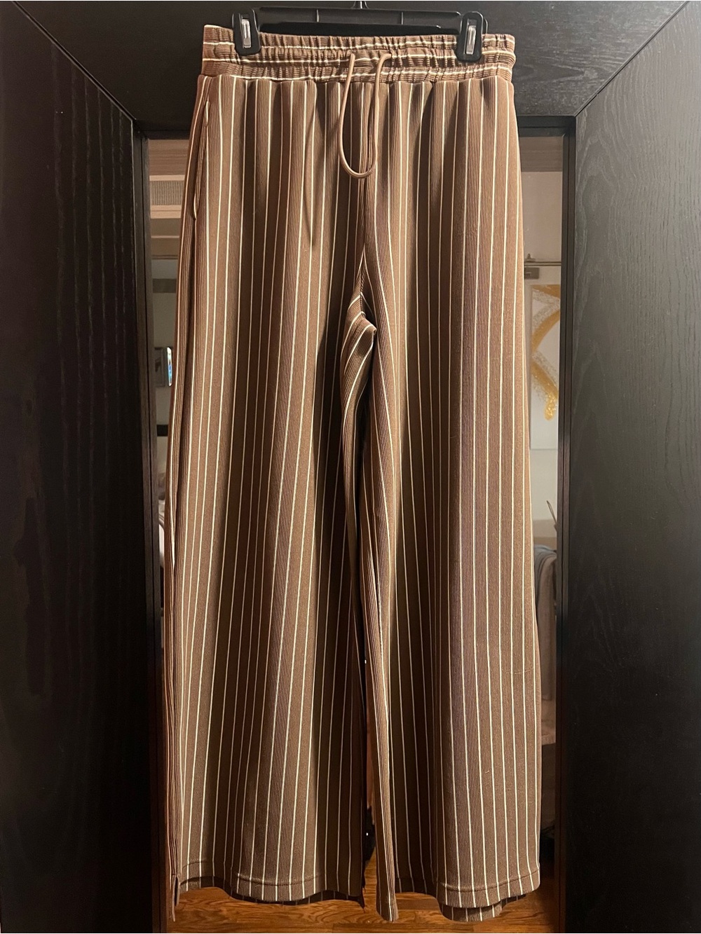 Brown and White Pinstripe Wide-Leg Pants